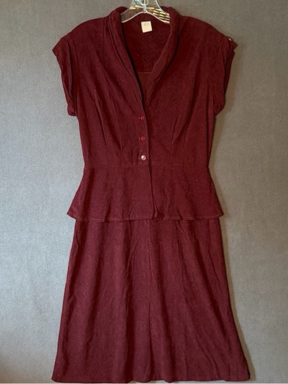Vintage Peplum Dress Womens XS Burgundy Faux Suede Goth Vampire Mod Structured